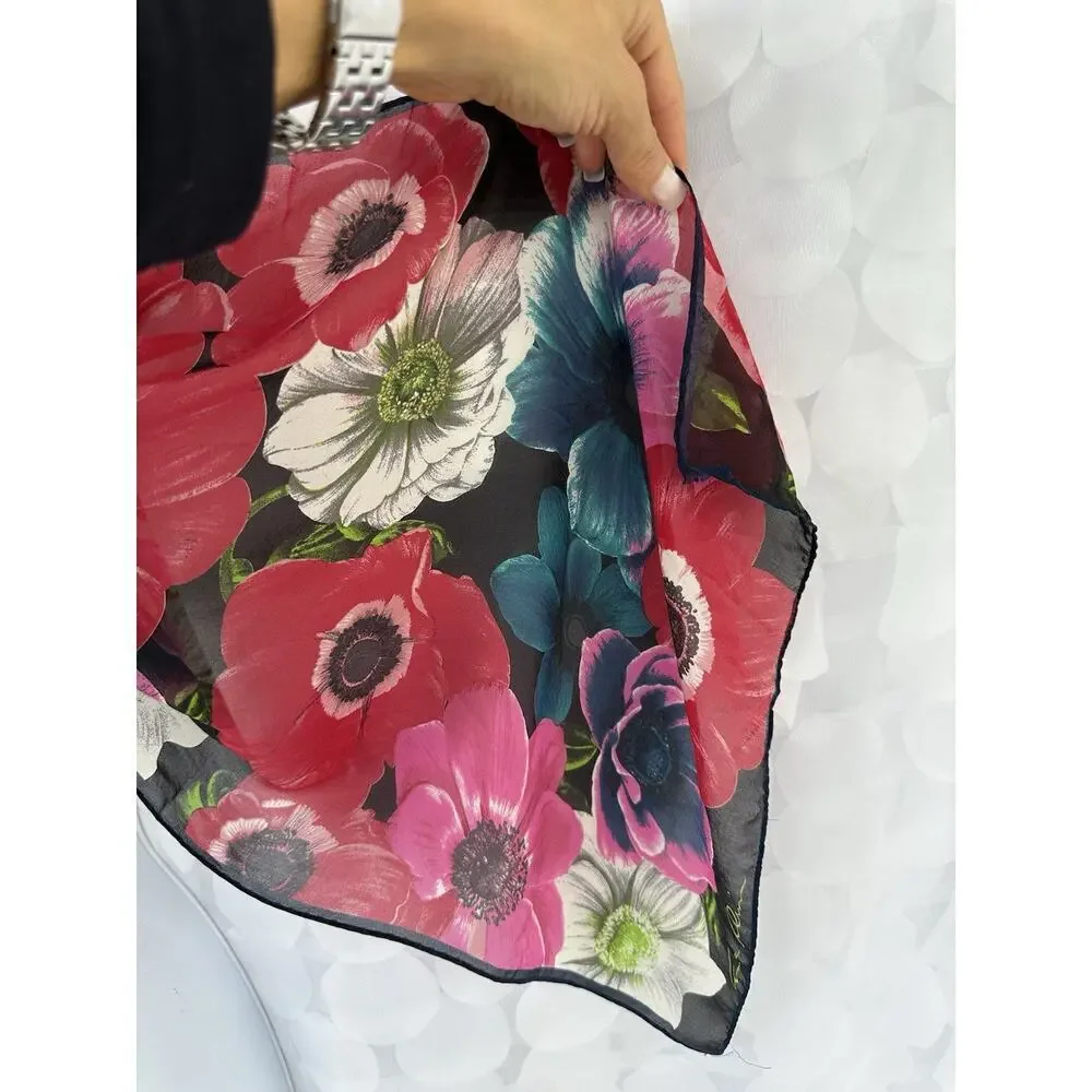 Vintage Anne Klein 100% Silk Scarf JAPAN Floral ANEMONE Red Pink Blue Elegant
